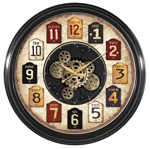 horloge vintage engrenages en mouvement - cadre noir - chiffres multicolores - fond crème mappe monde vieilli - diamètre 58 cm
