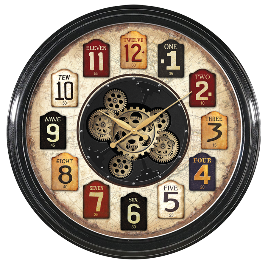 horloge vintage engrenages en mouvement - cadre noir - chiffres multicolores - fond crème mappe monde vieilli - diamètre 58 cm