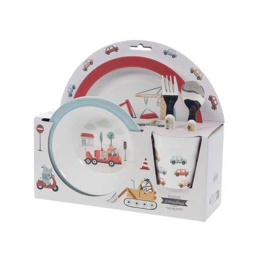 coffret vaisselle 5 pièces enfant - mélamine - Voitures chantier - Cades design - amadeus les petits