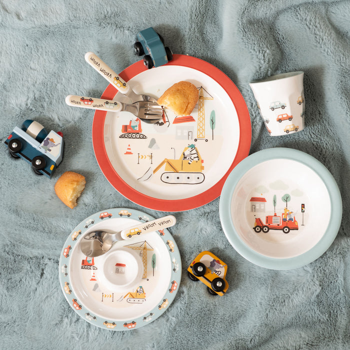 coffret vaisselle 5 pièces enfant - mélamine - Voitures chantier - Cades design - amadeus les petits