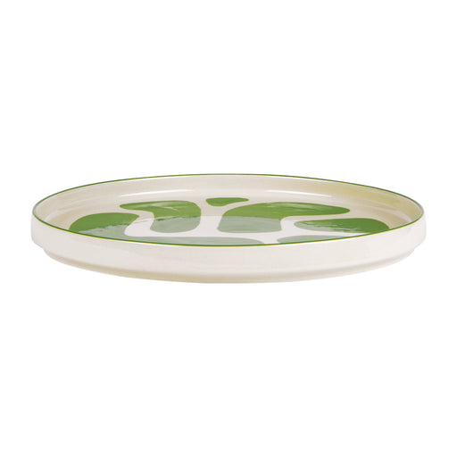 plat rond LULLI 28 cm - grès - fond blanc et motif vert - table passion