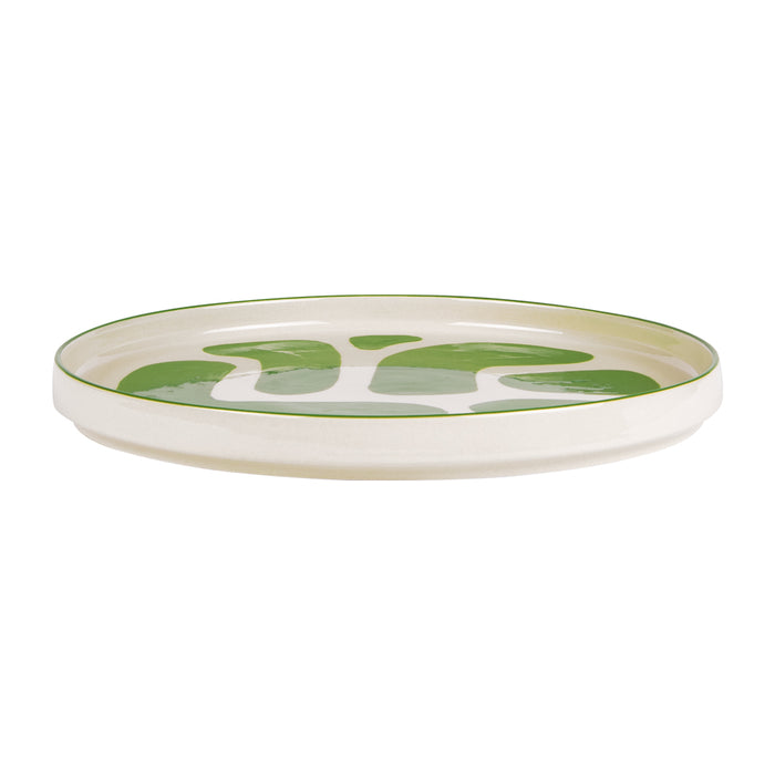 plat rond LULLI 28 cm - grès - fond blanc et motif vert - table passion