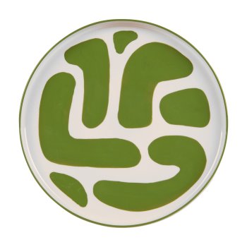 plat rond LULLI 28 cm - grès - fond blanc et motif vert - table passion