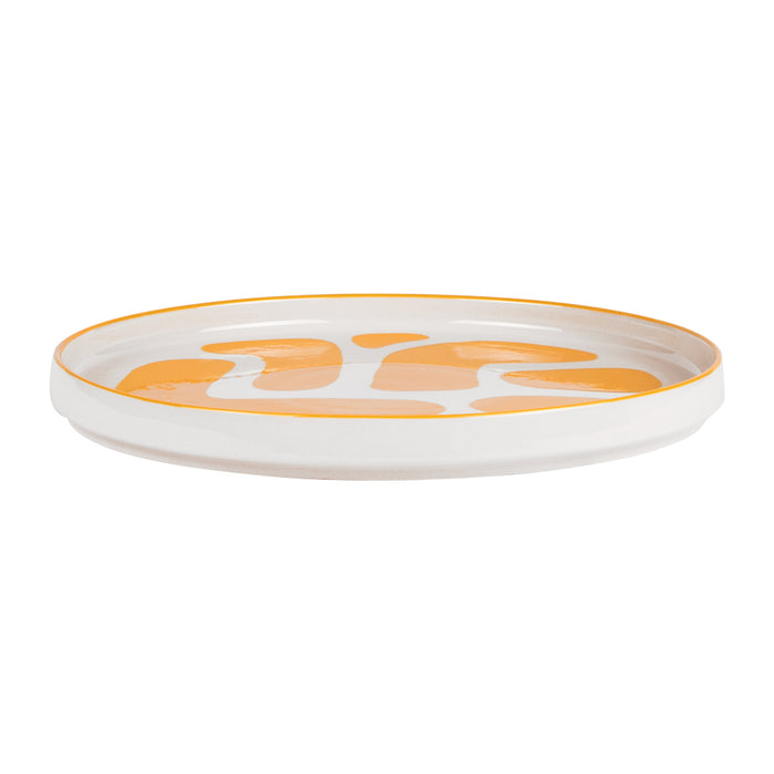 plat rond LULLI 28 cm - grès - fond blanc et motif jaune - table passion