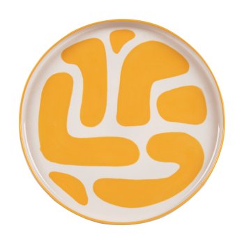 plat rond LULLI 28 cm - grès - fond blanc et motif jaune - table passion