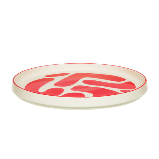 plat rond LULLI 28 cm - grès - fond blanc et motif rouge - table passion