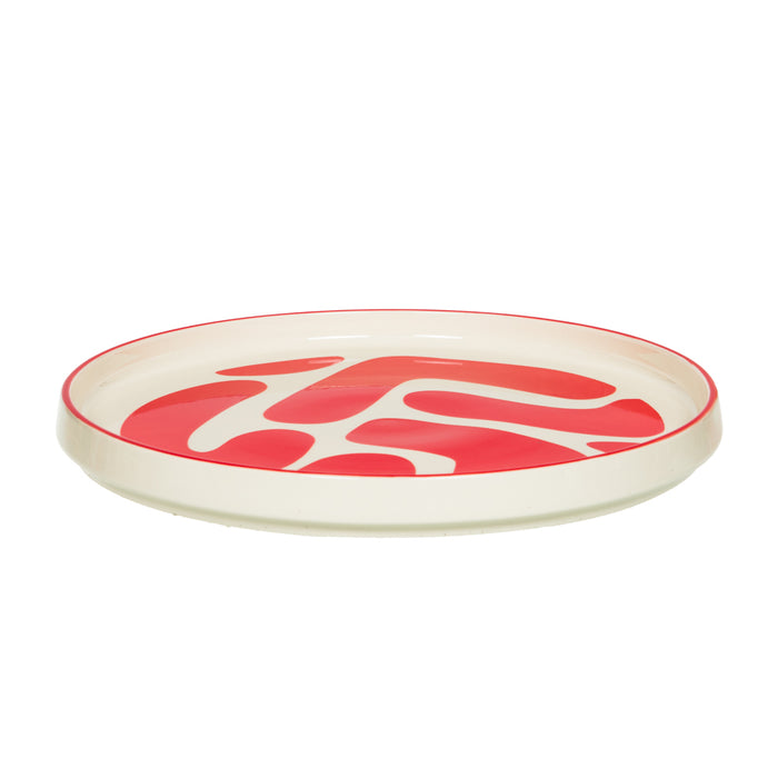 plat rond LULLI 28 cm - grès - fond blanc et motif rouge - table passion