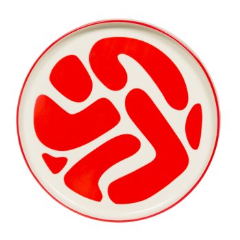 plat rond LULLI 28 cm - grès - fond blanc et motif rouge - table passion