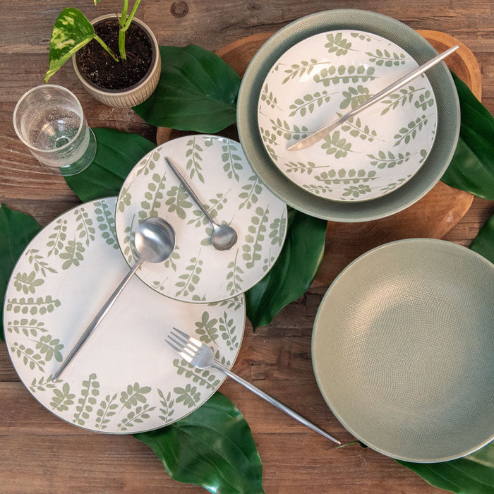 assiette dessert - porcelaine - collection episia - motif feuillage vert et blanc - 20 cm - Table Passion