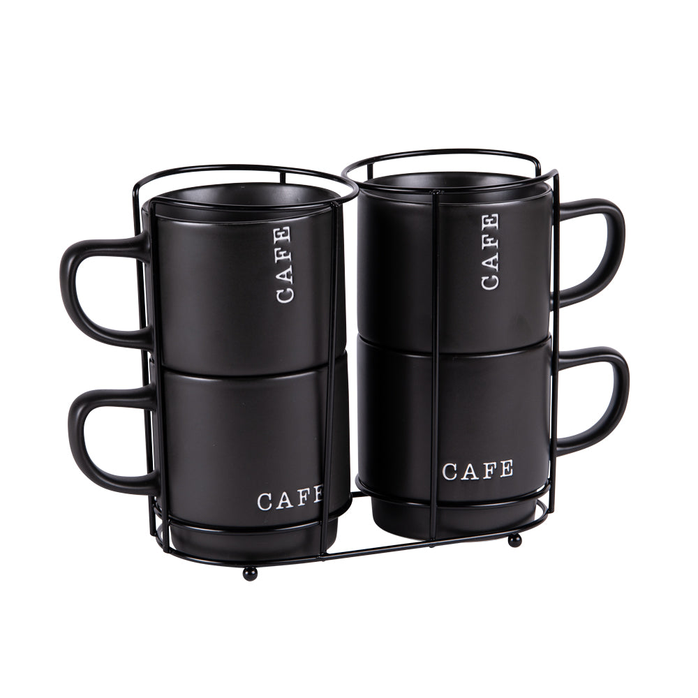 Tour de 4 mugs empilables porcelaine 39 cl - mug noir - inscription texte CAFE - tour métal noire - Table Passion