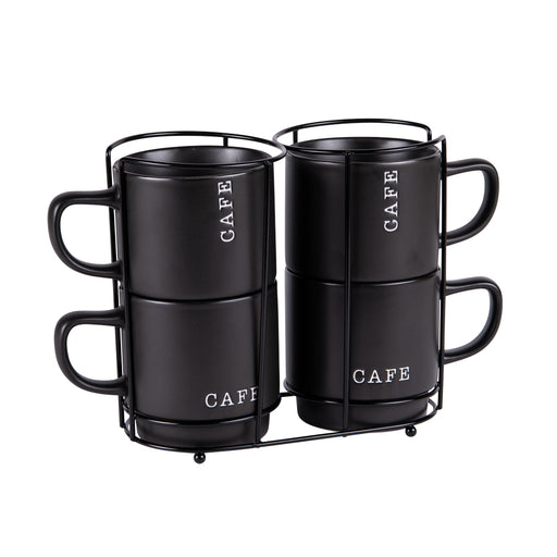 Tour de 4 mugs empilables porcelaine 39 cl - mug noir - inscription texte CAFE - tour métal noire - Table Passion