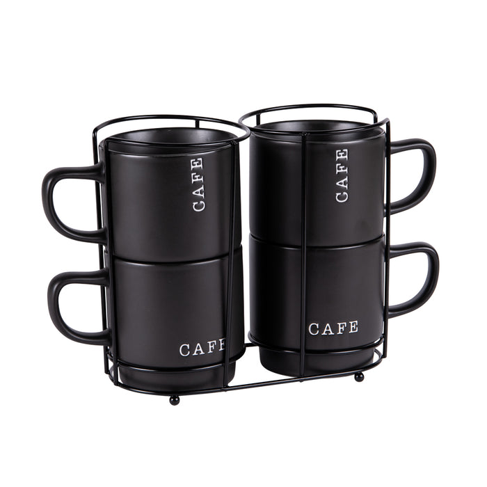 Tour de 4 mugs empilables porcelaine 39 cl - mug noir - inscription texte CAFE - tour métal noire - Table Passion