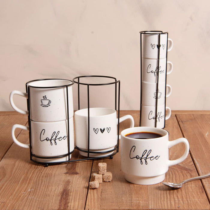 Tour de 4 mugs empilables porcelaine 39 cl - mug fond blanc cassé avec motif noir - tour métal noire - Table Passion
