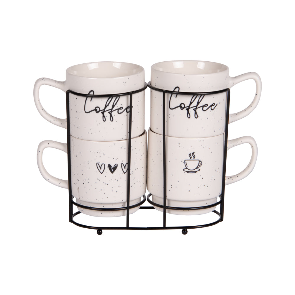 Tour de 4 mugs empilables porcelaine 39 cl - mug fond blanc cassé avec motif noir - tour métal noire - Table Passion