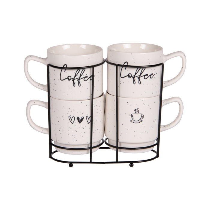Tour de 4 mugs empilables porcelaine 39 cl - mug fond blanc cassé avec motif noir - tour métal noire - Table Passion