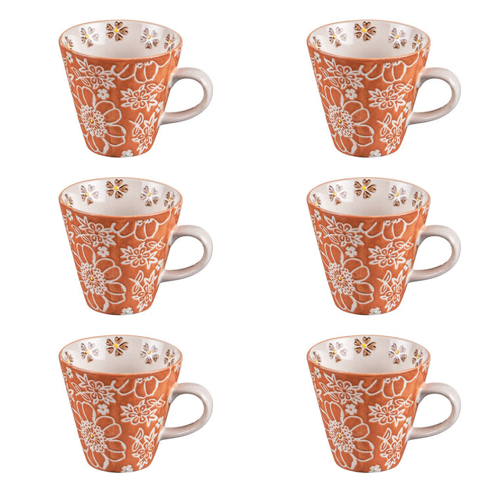 tasse à café  aliya - coffret cadeau de 6 tasses - grès artisanal - 17 cl - diamètre 8 cm hauteur 7.5cm -  décor relief orange et blanc - TABLE PASSION