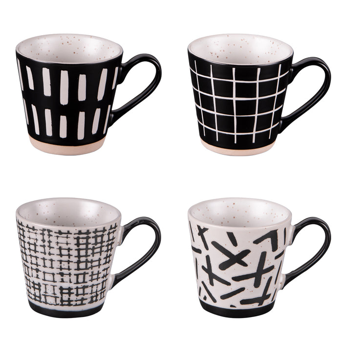 tasses café contempo - motif géométrique assorti noir et blanc - grès - 18 cl - coffret 4 tasses - Table Passion
