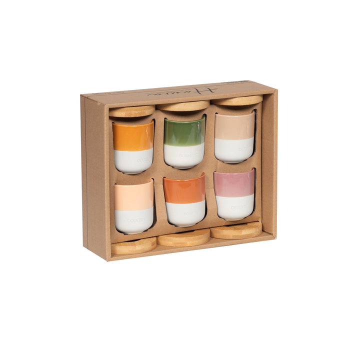 gobelet tasse à café en porcelaine avec sous tasse en bambou - collection Hawa - couleurs assorties - coffret cadeau de 6 gobelets - Table passion