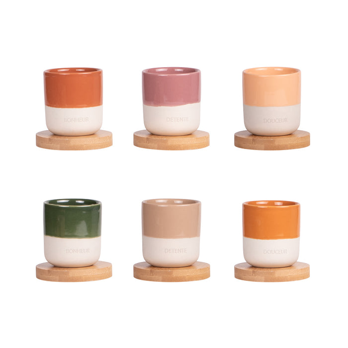 gobelet tasse à café en porcelaine avec sous tasse en bambou - collection Hawa - couleurs assorties - coffret cadeau de 6 gobelets - Table passion
