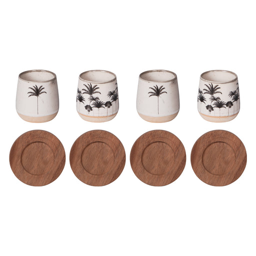 gobelet tasse à café en grès avec sous tasse en bois - collection Palm - coffret cadeau de 4 gobelets - Table passion