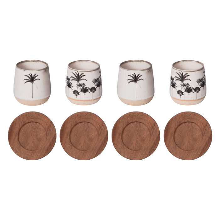 gobelet tasse à café en grès avec sous tasse en bois - collection Palm - coffret cadeau de 4 gobelets - Table passion