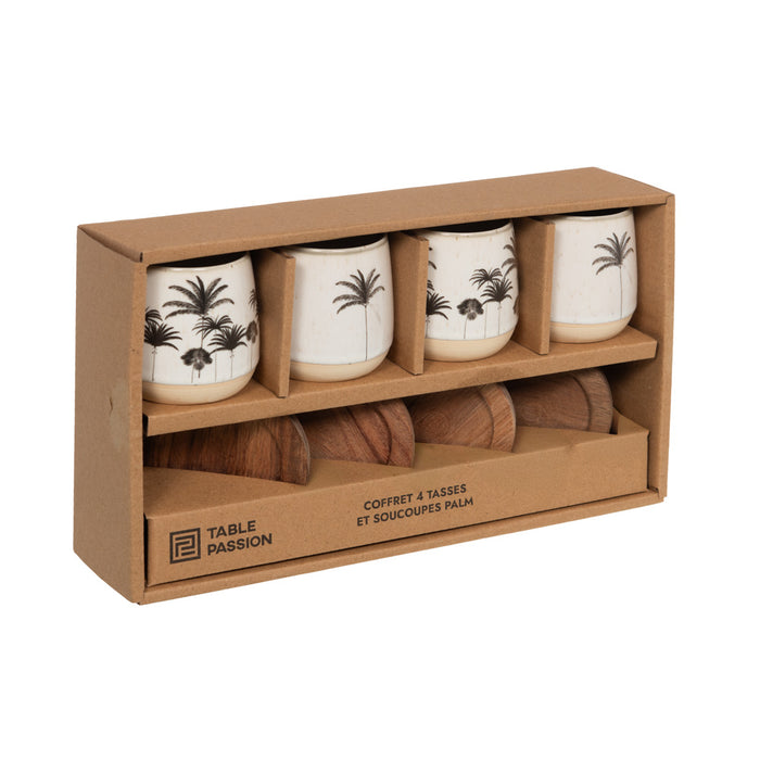 gobelet tasse à café en grès avec sous tasse en bois - collection Palm - coffret cadeau de 4 gobelets - Table passion