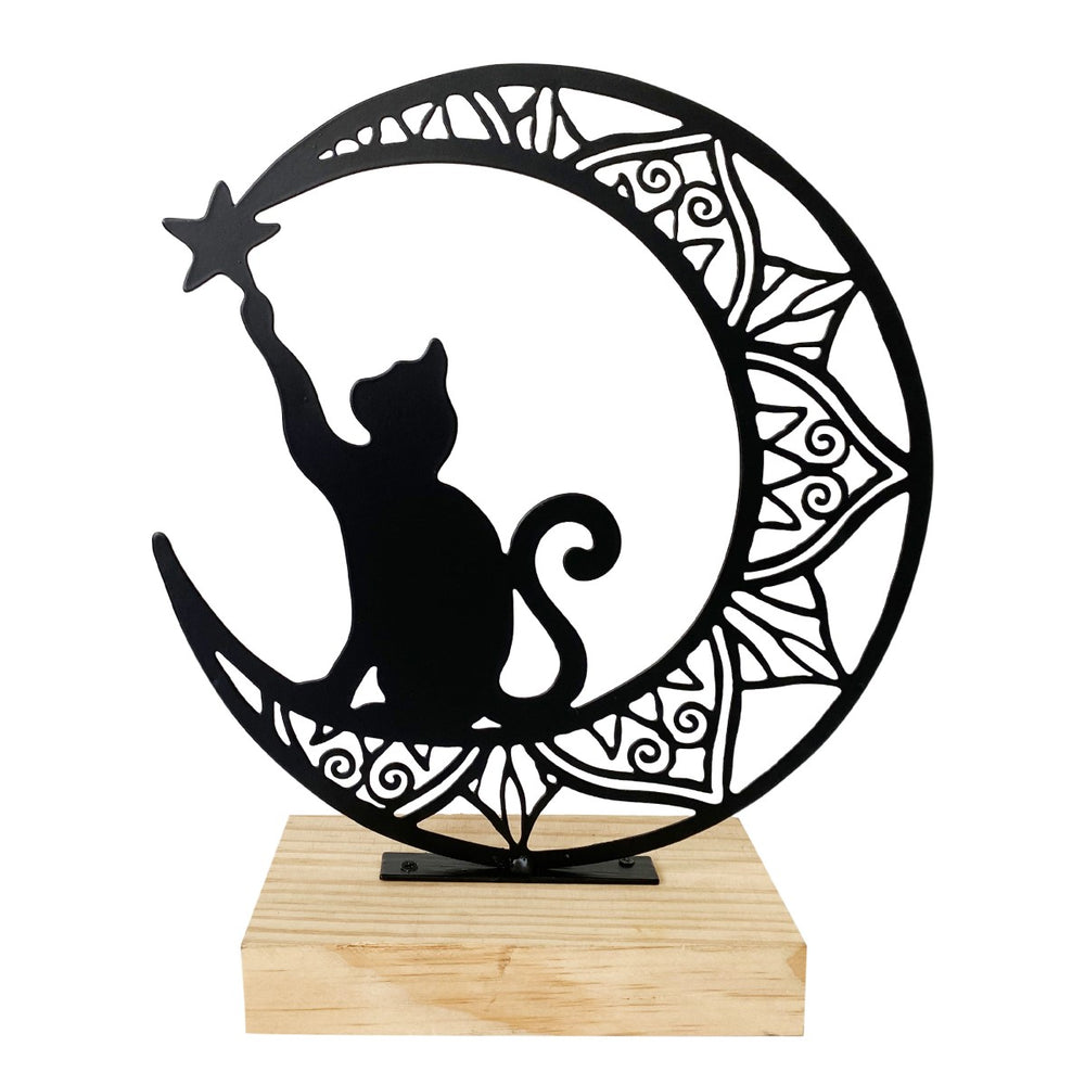 figurine chat sur lune - socle bois - sculpture métal noir - 17x8x21cm - signes grimalt