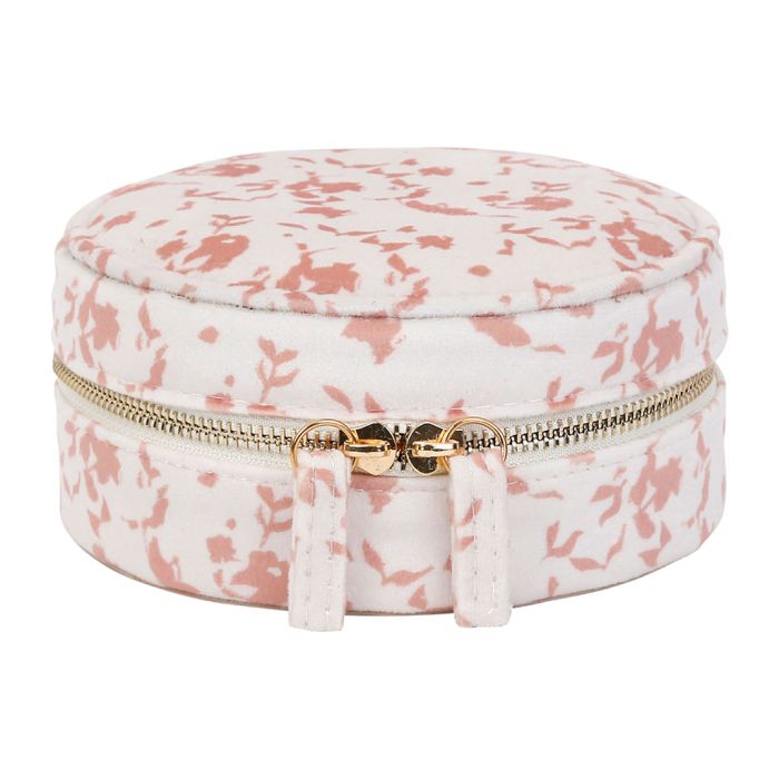 boite à bijoux ronde - velours - diamètre 15 cm -  fond blanc motif moucheté rose -  SEMA DESIGN