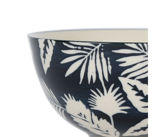bol coupelle exaltation - grès - décors feuillage couleur fond bleu motif blanc - 32 cl - SEMA DESIGN