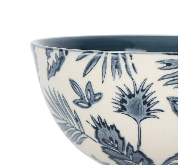 bol coupelle exaltation - grès - décors feuillage couleur fond blanc motif beu l- 32 cl - SEMA DESIGN