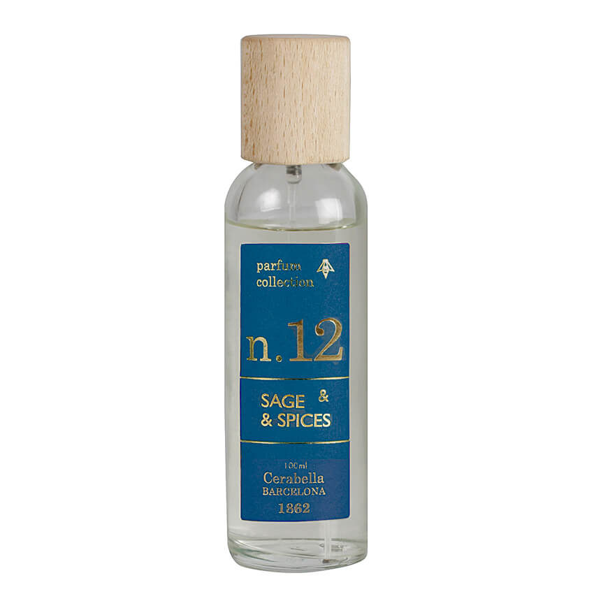 spray parfum d'ambiance - sauge et épices - flacon verre - bouchon bois - numbers 12 - cerabella 