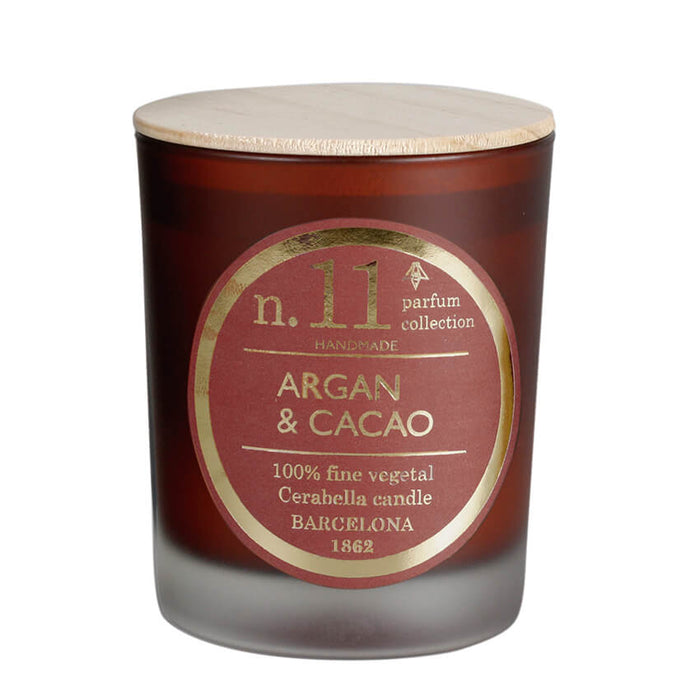 bougie parfumée - argan et cacao - cire végétale - pot en verre marron - couvercle bois - numbers 11 - cerabella 