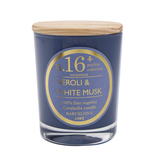 bougie parfumée - néroli et musc blanc - cire végétale - pot en verre gris bleu - couvercle bois - numbers 16 - cerabella 