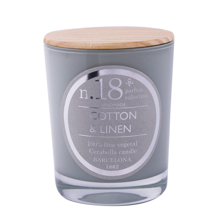 bougie parfumée - coton et lin - pot en verre gris clair - couvercle bois - numbers 18 - cerabella