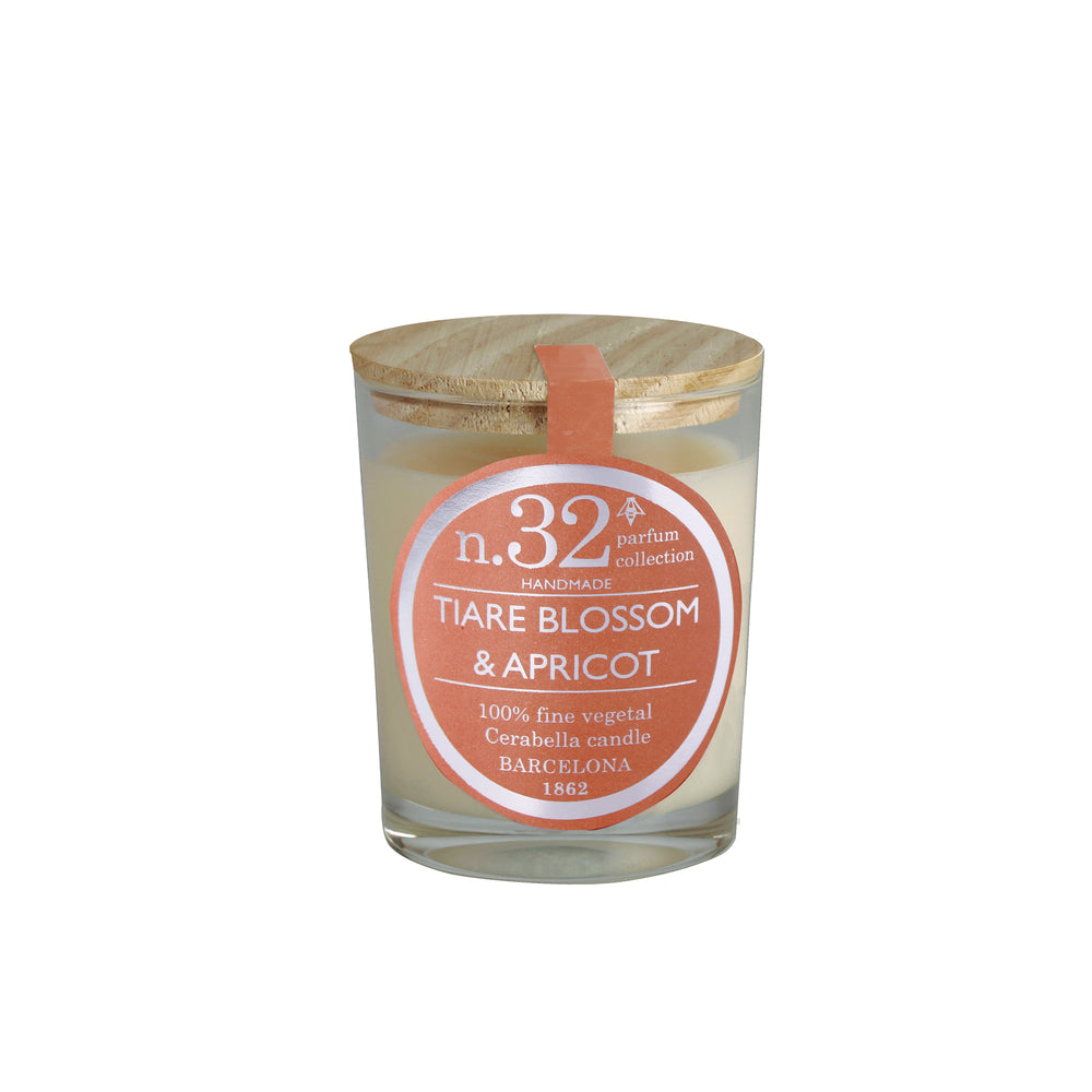 bougie parfumée -fleur de tiaré et abricot - pot en verre - couvercle bois - numbers 32 - cerabella