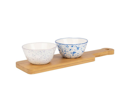 planche apéritif - bois bambou - 2 coupelles porcelaine motif moucheté pastel - fond blanc - SEMA