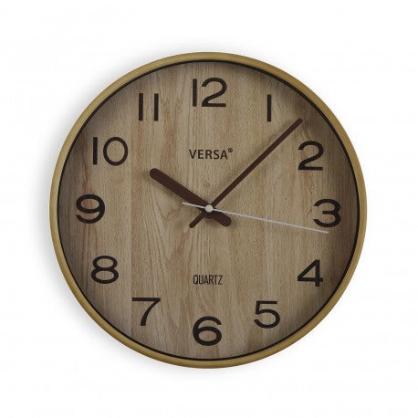 horloge ronde fond bois, cadre bois - diamètre 30 cm - plastique - mouvement aiguilles continu - VERSA HOME