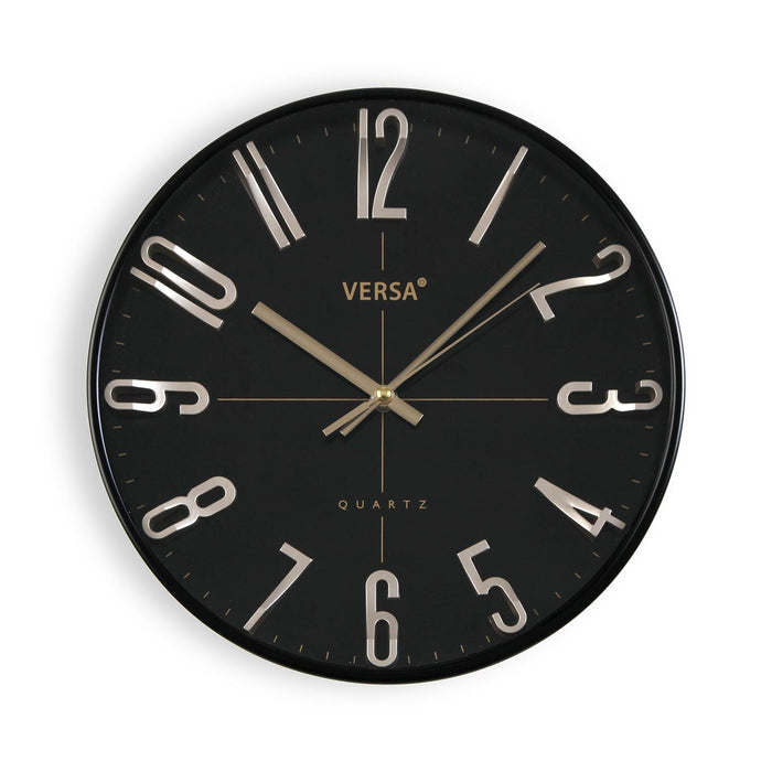 horloge ronde fond noir - cadre noir - diamètre 30 cm - mouvement aiguilles continu - VERSA HOME