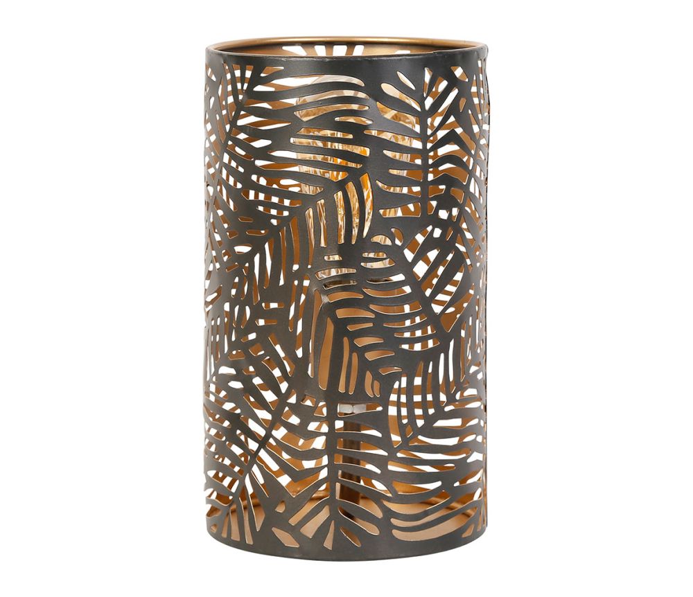 Lampe cylindre métal - motif feuille palmier  - couleur noir et or - hauteur 25 cm- SEMA DESIGN