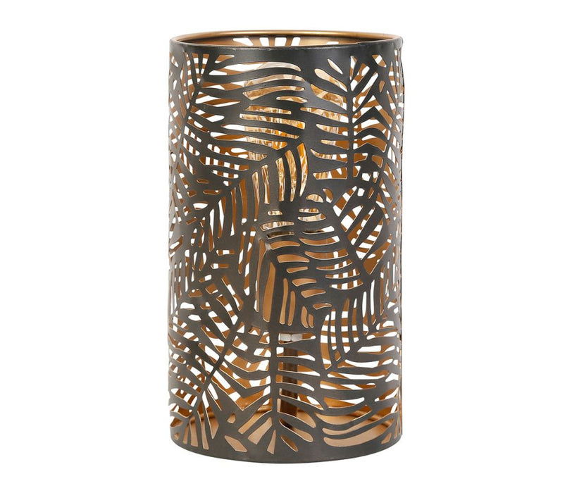 Lampe cylindre métal - motif feuille palmier  - couleur noir et or - hauteur 25 cm- SEMA DESIGN