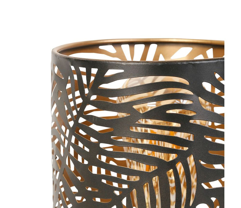 Lampe cylindre métal - motif feuille palmier  - couleur noir et or - hauteur 25 cm- SEMA DESIGN