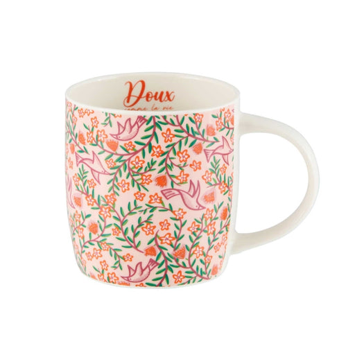mug porcelaine - fleur douce comme la vie - thé café - fond rose - motif petites fleurs multicolores - DLP