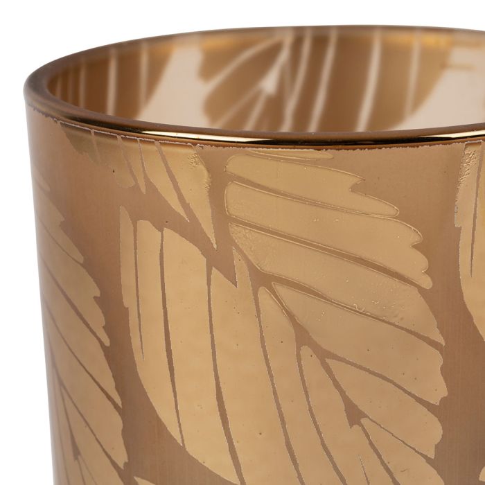 Photophore en verre teinté ambre - motif feuillage doré - socle en bois - diamètre 10 cm x hauteur 13 cm - SEMA DESIGN - COTE TABLE