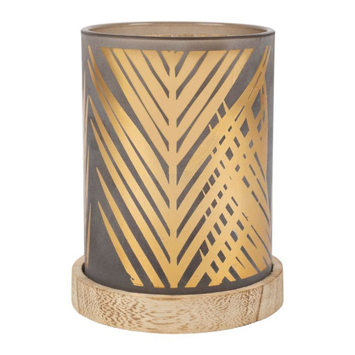 Photophore en verre teinté gris - motif feuillage doré - socle en bois - diamètre 10 cm x hauteur 13 cm - SEMA DESIGN - COTE TABLE