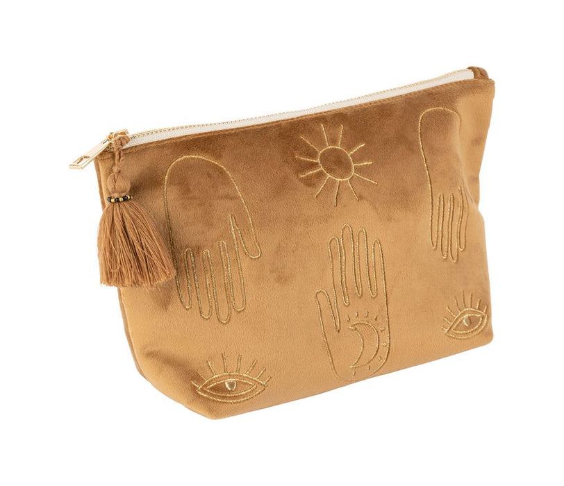 Trousse - trousse de toilette - trousse à maquillage - velours - jaune broderie main œil soleil - forme trapèze - 26x7x17 cm  - SEMA DESIGN COTE TABLE