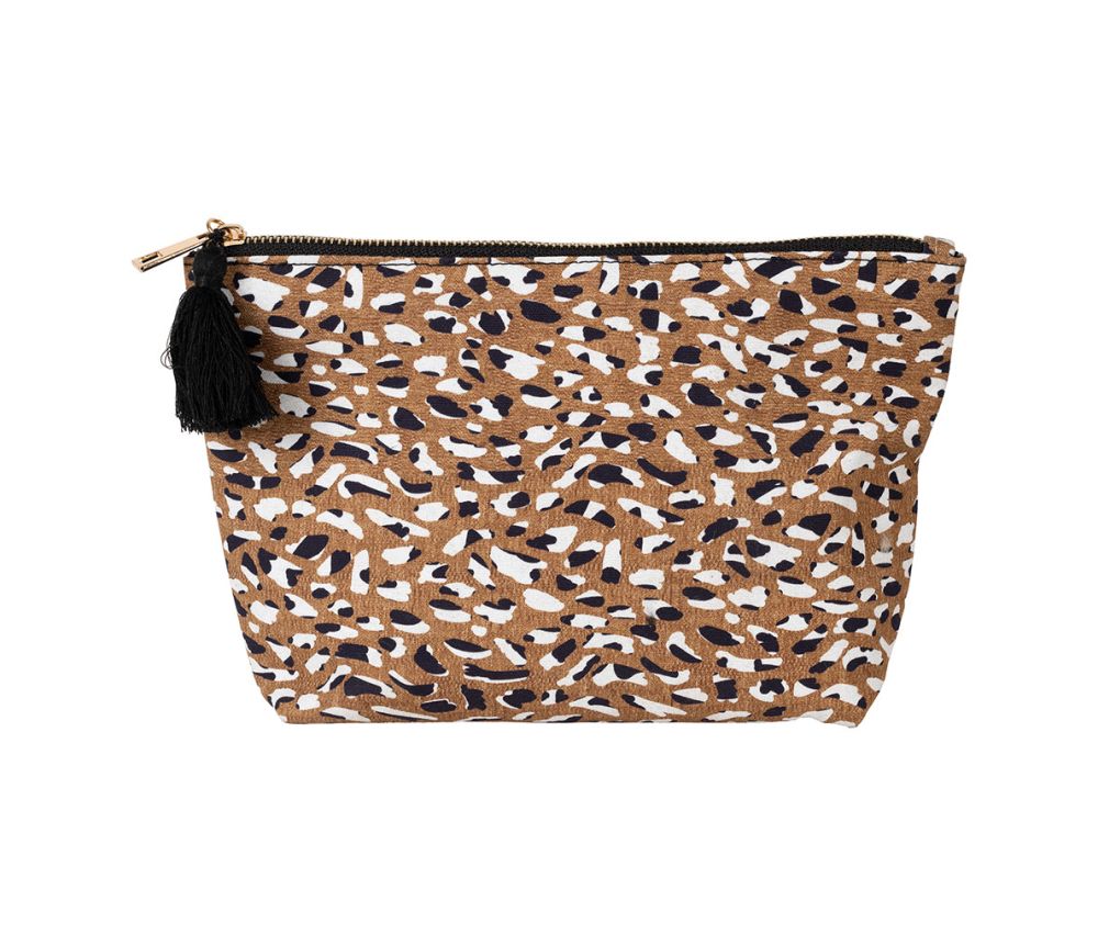 Trousse - trousse de toilette - trousse à maquillage - coton - léopard fond brun - forme trapèze - 26x7x17 cm  - SEMA DESIGN COTE TABLE
