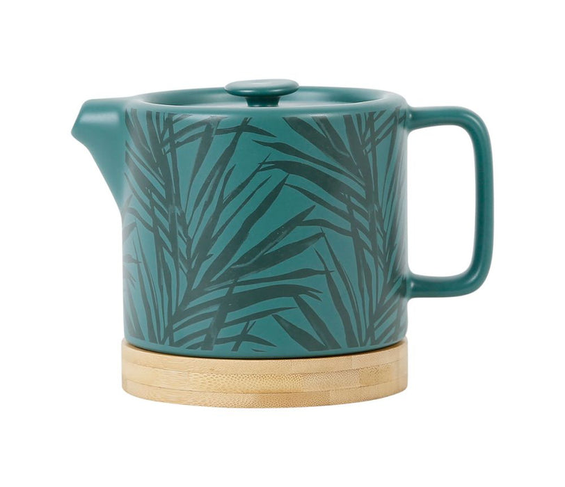 théière avec filtre inox - grès - émeraude - sous théière acacia - motif végétal ton sur ton - 70cl - SEMA DESIGN