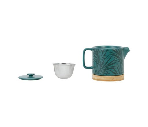 théière avec filtre inox - grès - émeraude - sous théière acacia - motif végétal ton sur ton - 70cl - SEMA DESIGN