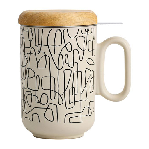 mug tisanière avec filtre inox - grès - fond blanc motif noir  - couvercle bambou - 50 cl - SEMA DESIGN