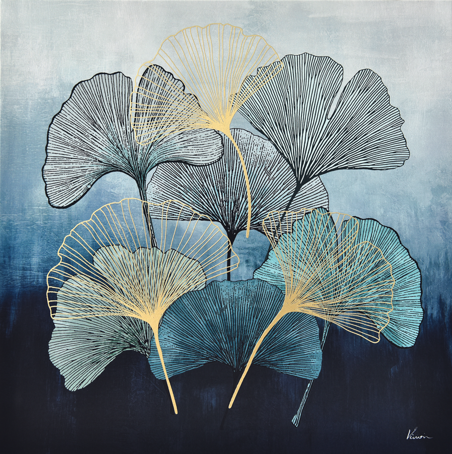 toile feuilles ginkgo - bleu - 60 x 60 cm - CADRAVEN